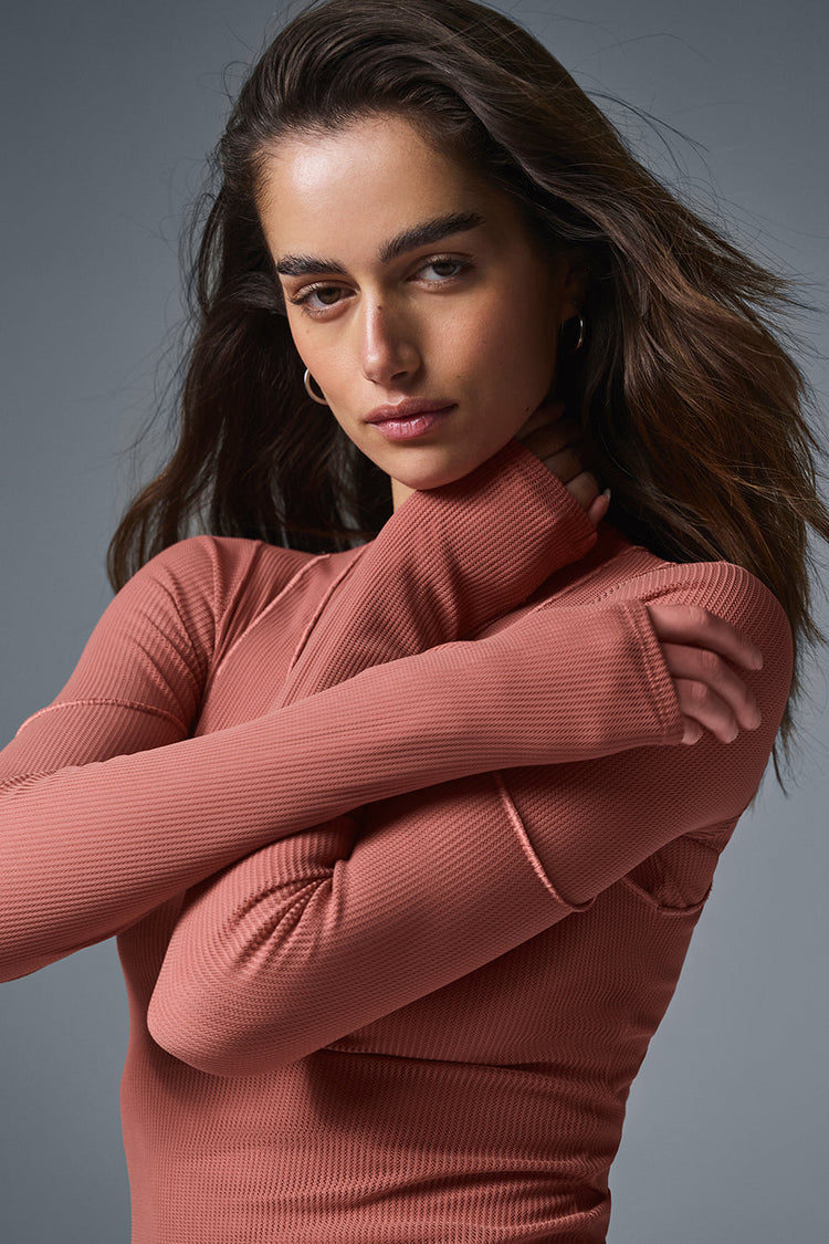 Vestido de manga larga Synergy de malla a rayas - Terracota suave